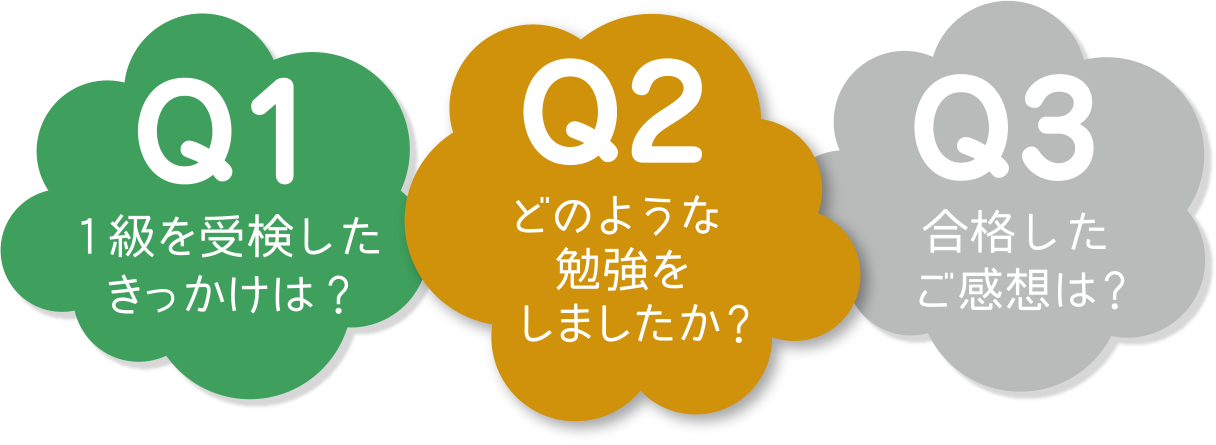 Q1　1級を受験したきっかけは？ Q2　どのような勉強をしましたか？ Q3　合格したご感想は？